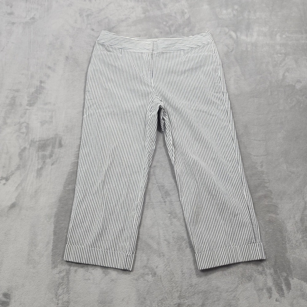 Liz Claiborne Pants Womens 14 White Blue Striped Seersucker Audra Cuffed Capri